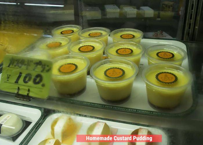 Traditional custard pudding for sale at a 105-year-old shop in Osaka.